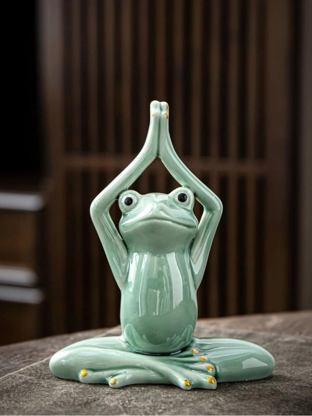 Meditating Frog Ceramic Figurine in Yoga Pose - Green Home Art